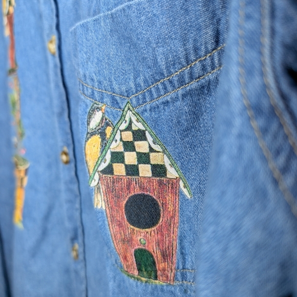 Vintage 90s Faded Glory Bird Screen Print Button Down Denim Top Unisex Men's Med - Picture 6 of 10